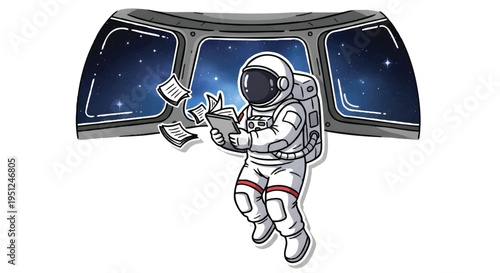 Astronaut floating in space with coffee cup and saucer