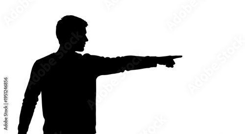 Silhouette of a man pointing with his right hand against a white background.