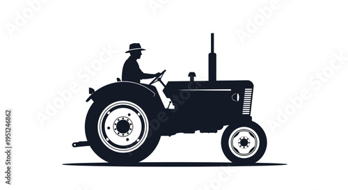 A striking black silhouette depicts a farmer operating a vintage tractor in a rural setting showcasing agricultural life
