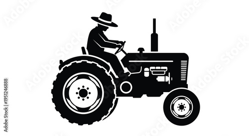 A striking black silhouette depicts a farmer operating a vintage tractor showcasing rural life and agricultural work high quality