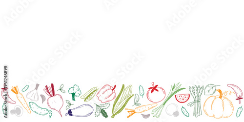 Horizontal template with border of hand drawn vegetable silhouettes. Banner on topic of healthy eating with copyspace for text. Vector graphics, layout for filling