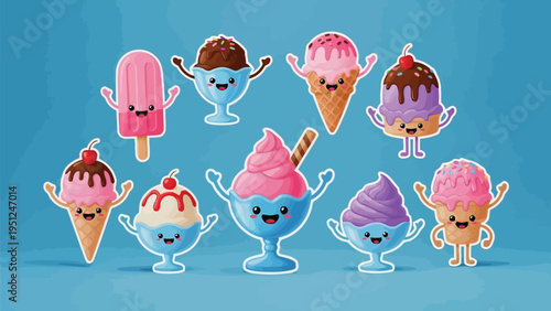 Cute and colorful ice cream characters with cheerful expressions on a blue background
