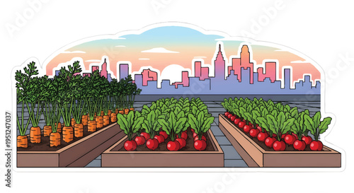 Urban Rooftop Garden with City Skyline and Vegetables