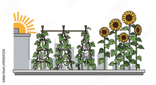 Green wall with sunflowers and ivy on urban balcony