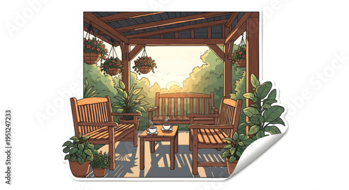 Cozy outdoor patio with wooden furniture and lush greenery