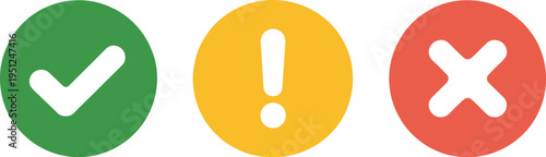 Checkmark, Notification icon set, simple vector UI symbols featuring green checkmark yellow warning exclamation and red cross for success alert and error states in interface design.