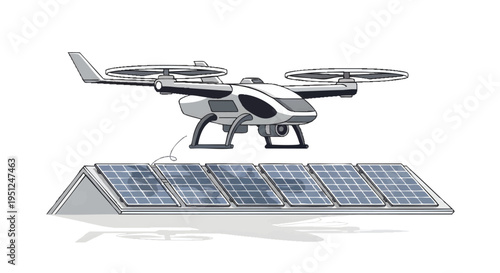Solar powered drone flying over photovoltaic panels on roof
