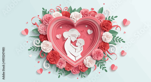 Mother's Day Paper Cut Style Illustration with Mother Embracing Child in Heart and Carnations