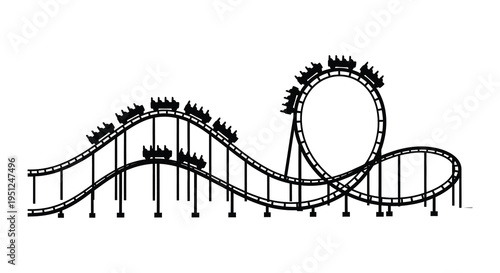 A black and white illustration depicts a thrilling rollercoaster track with several cars ascending and descending high quality professional