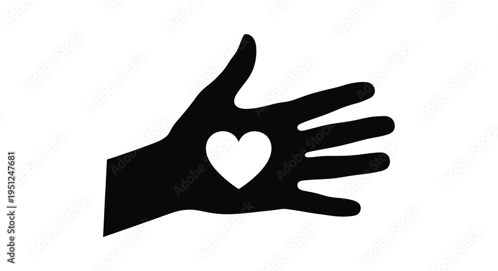 Obraz premium A stark black silhouette depicts an open hand gently cradling a white heart shape within its palm high quality