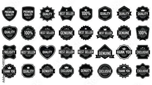 Collection of black and white badges with quality best seller and genuine labels