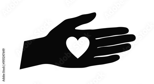 A black silhouette of an open hand cradling a white heart shape symbolizing love care and offering high quality