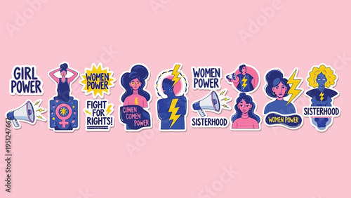 Colorful stickers promoting women s empowerment rights and female strength on pink backdrop