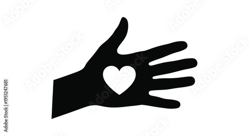 A stark black silhouette depicts an open hand gently cradling a white heart shape within its palm high quality