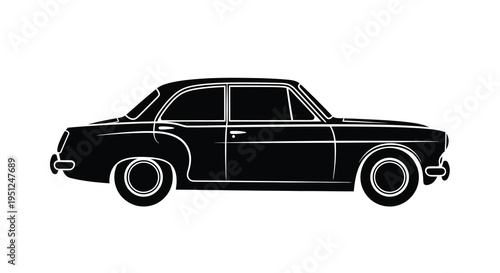 A sleek black silhouette of a vintage sedan car is presented against a stark white background showcasing its classic design