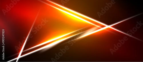 Abstract design features vibrant orange, red gradients. White lines intersect creating dynamic visual effect. Dark background emphasizes luminosity.