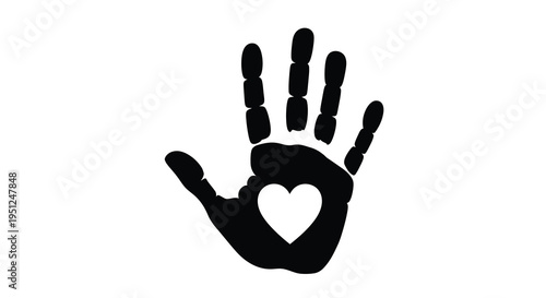 A striking black silhouette of a handprint features a white heart shaped cutout in the palm symbolizing love high quality
