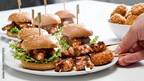 Delicious Chicken Sliders and Skewers Served on a White Plate With a Bowl of Appetizers