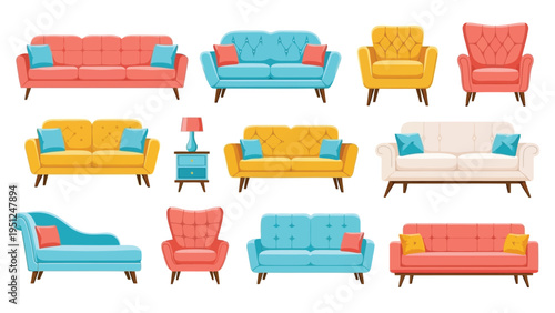 Colorful collection of modern sofas and armchairs in a variety of styles