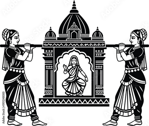 traditional Indian palanquin procession illustration, cultural heritage scene with temple structure and dancers, vintage folk art vector design