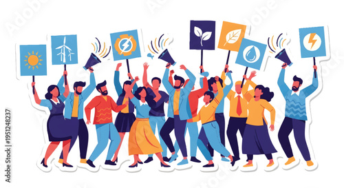 Diverse group of people protesting with eco-friendly signs and megaphones