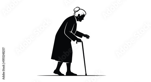 A minimalist black silhouette depicts an elderly woman walking with a cane showcasing themes of aging and support