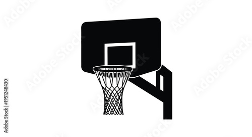 A stark black and white illustration depicts a basketball hoop and net prominently displayed against a white background high quality professional