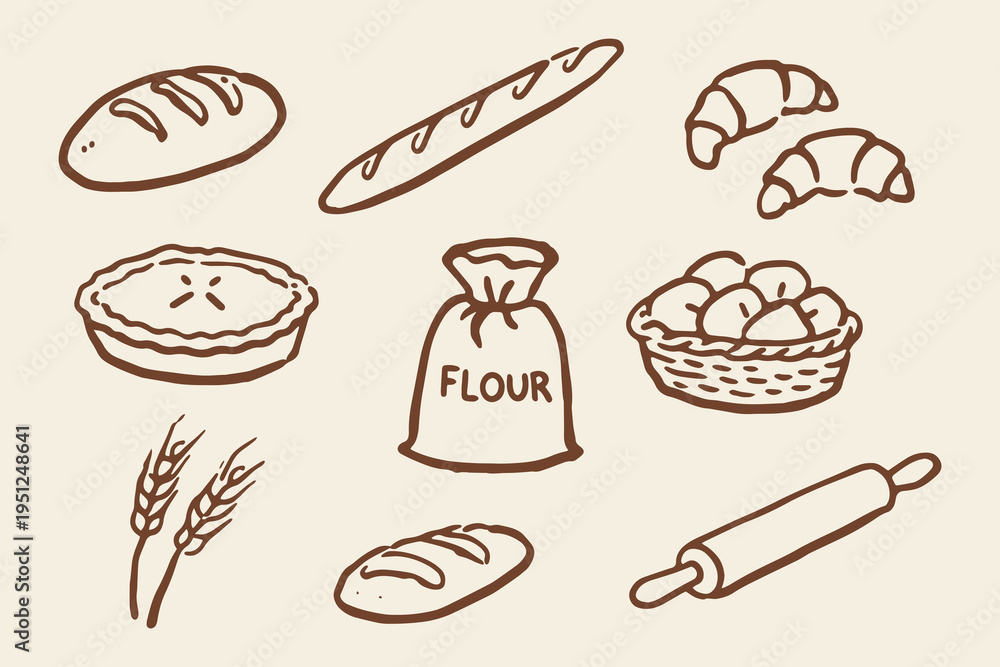 Fototapeta premium Bakery elements set outline sketch vector illustration