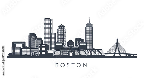 A detailed black and white skyline illustration showcases the city of boston massachusetts with prominent landmarks high quality professional