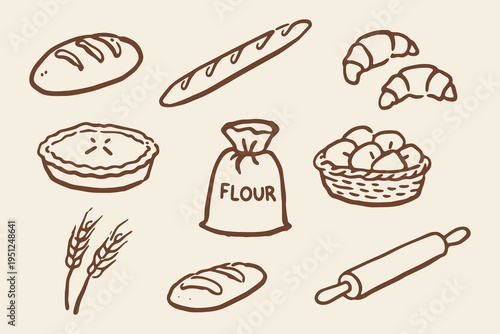 Bakery elements set outline sketch vector illustration