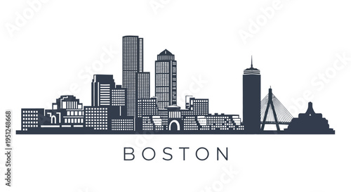 A striking black and white skyline illustration depicts the city of boston showcasing its iconic buildings and bridges