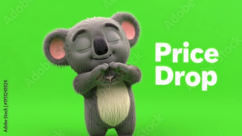 Adorable cartoon koala bear excitedly announcing a price drop video