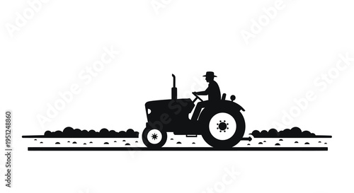 A striking silhouette depicts a farmer operating a classic tractor across a field suggesting rural life high quality professional