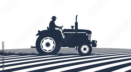 A stylized silhouette depicts a farmer operating a vintage tractor across a field of horizontal lines high quality professional