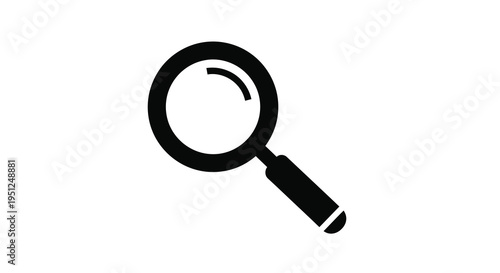 A simple black and white illustration depicts a magnifying glass tilted slightly suggesting investigation and detail high quality professional