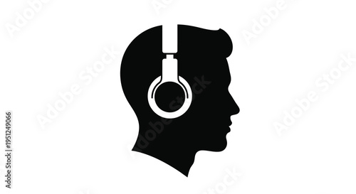 A stark black silhouette depicts a man in profile wearing large over ear headphones suggesting music or audio focus