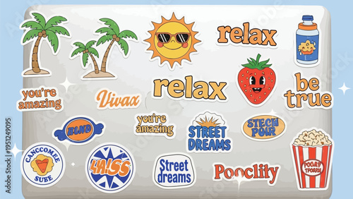 Colorful laptop decorated with various vibrant stickers and positive messages