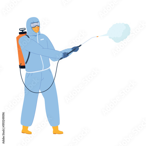 An illustration of a man in a protective suit using a sprayer to disinfect a room to prevent the spread of germs. This task is performed in a health-conscious environment.