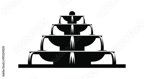 A minimalist black and white illustration depicts a tiered fountain with water cascading down each level high quality professional