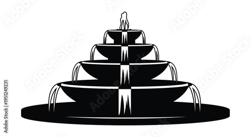 A striking black and white illustration depicts a tiered fountain showcasing a classic architectural design with flowing water