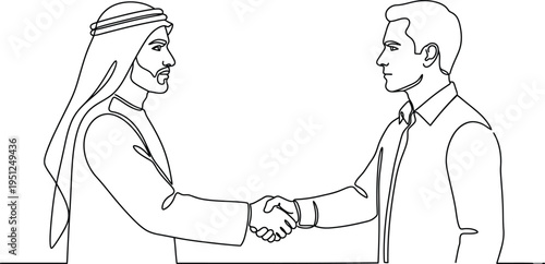Single continuous line drawing of young muslim business man shake hand his colleague from top view. Arab middle east businessmen with shmagh thawb robe cloth. one line Icon drawing