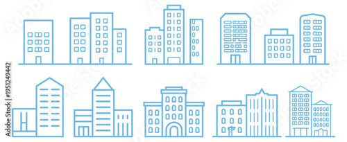 Modern City Building icon, editable vector line art, isolated on white, depicting urban architecture, city skyline, skyscrapers, real estate, mapping, web and app interface design.