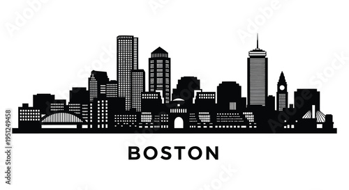 A stark black and white skyline illustration showcases the city of boston massachusetts with prominent buildings and landmarks