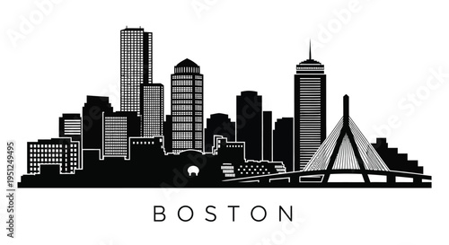 A striking black and white skyline illustration depicts the city of Boston Massachusetts showcasing its iconic buildings and landmarks