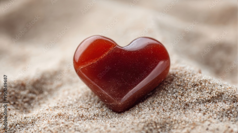 Fototapeta premium Polished dark red carnelian stone carved into a heart shape resting on fine sand