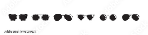 Set of six modern style black sunglasses isolated on white background for summer fashion