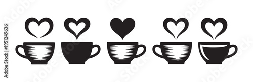 Set of five coffee cups with heart shape steam above isolated on white background
