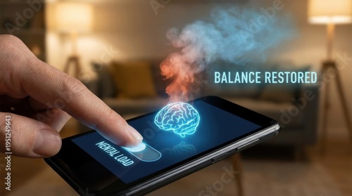 Hand touching digital brain balance hologram for mental wellness and stress relief concept