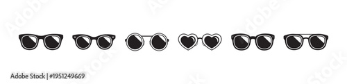 Set of six different shape black sunglasses icons isolated on white background for summer
