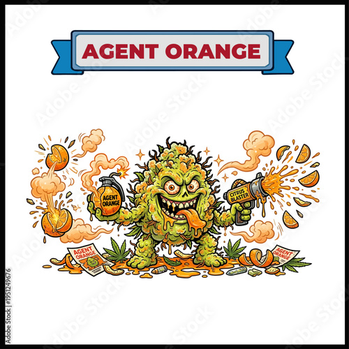 Agent Orange marijuana strain illustration. Aggressive plant monster character with citrus-themed weapons and juice splatter effects